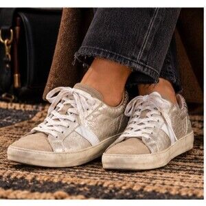 D.A.T.E. Gold Metallic Distressed Sneakers Women 6.5 Suede Low Top Lace Up Shoes